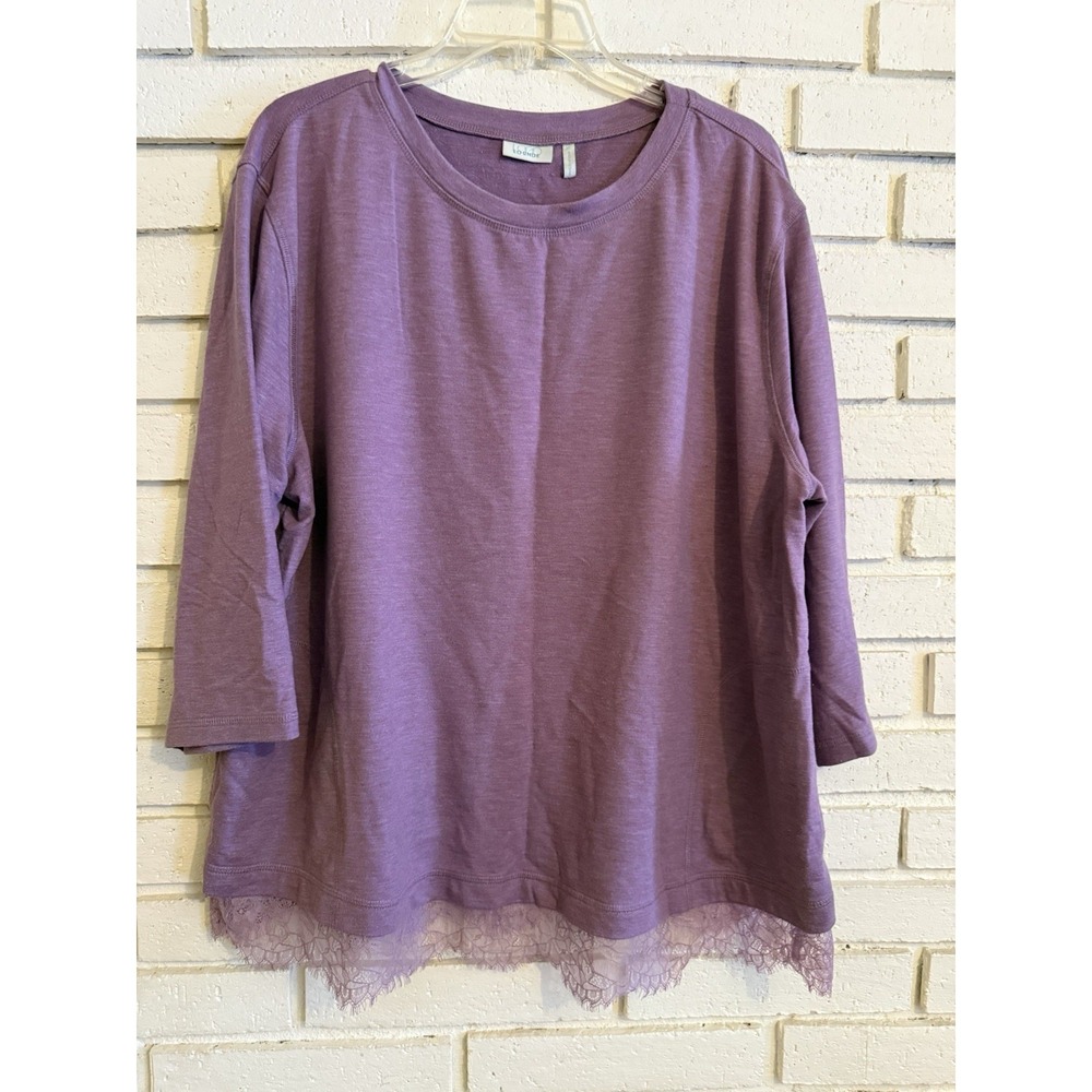 LOGO Lounge by Lori Goldstein French Terry Scoop Neck Top Lace Trim Purple Sz XL
